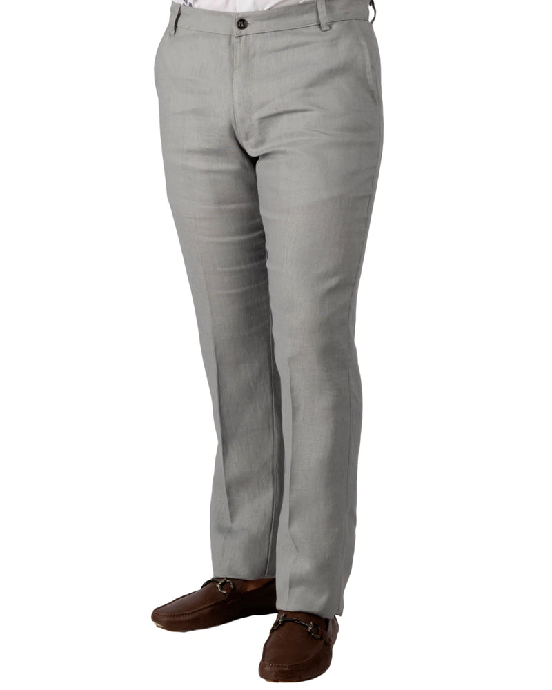 Light Gray 100% Linen Straight-Leg Trousers