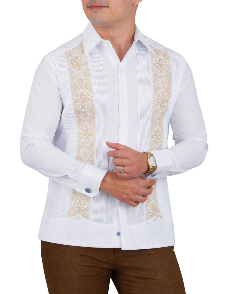 Guayabera Bordada Beige en punto de cruz en lino mod Río Lagartos