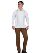 Embroidered Beige Guayabera in cross-stitch on linen, Río Lagartos style