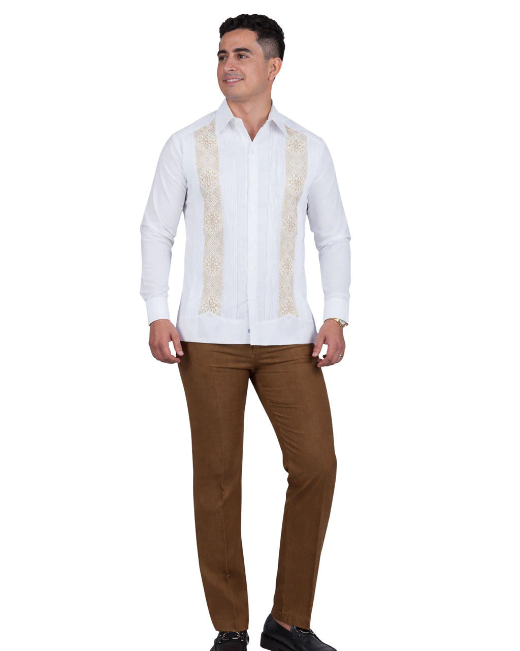 Embroidered Beige Guayabera in cross-stitch on linen, Río Lagartos style