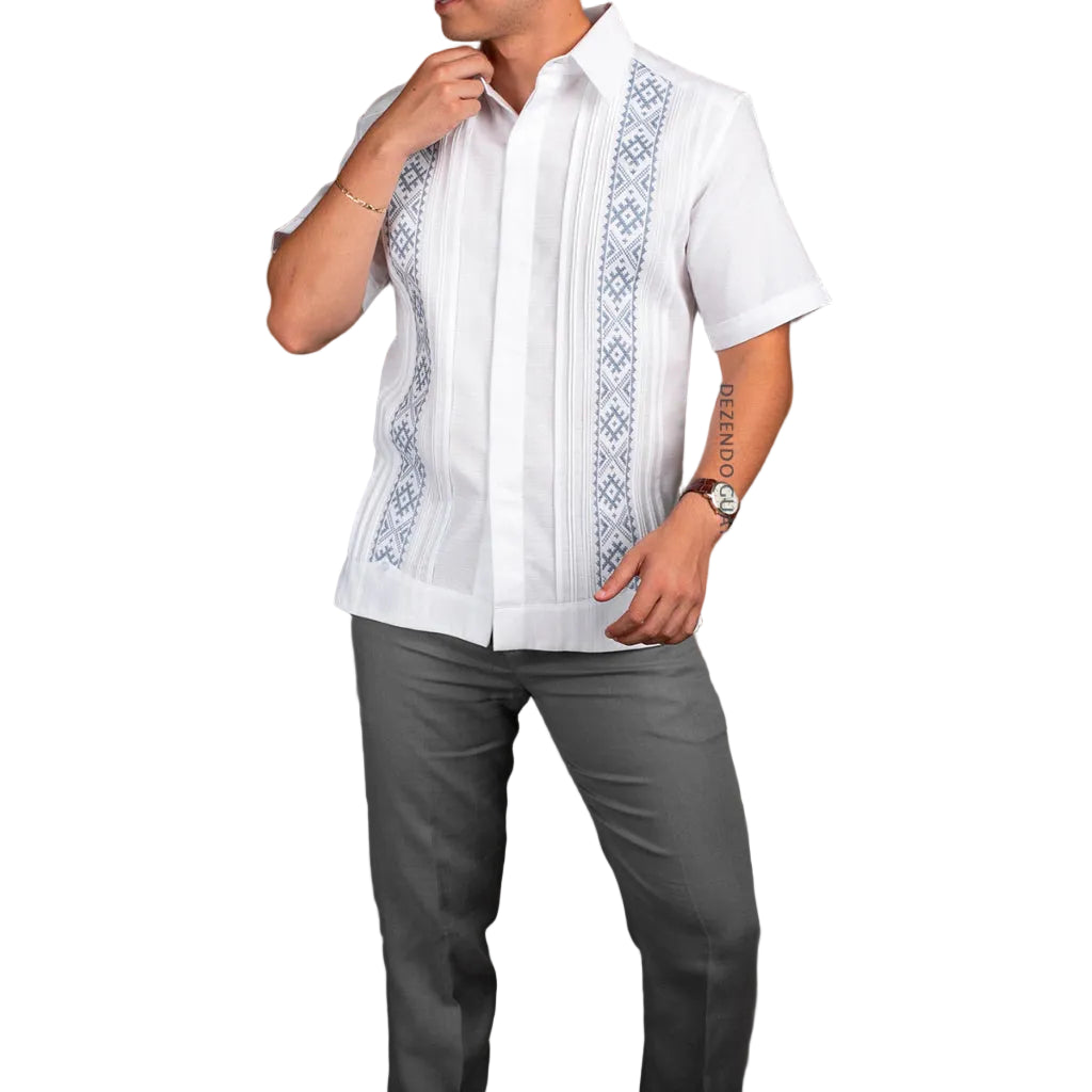 Embroidered Yucatecan Guayabera in Cross-Stitch, Mod. Hocabá