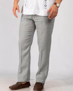 Light Gray 100% Linen Straight-Leg Trousers