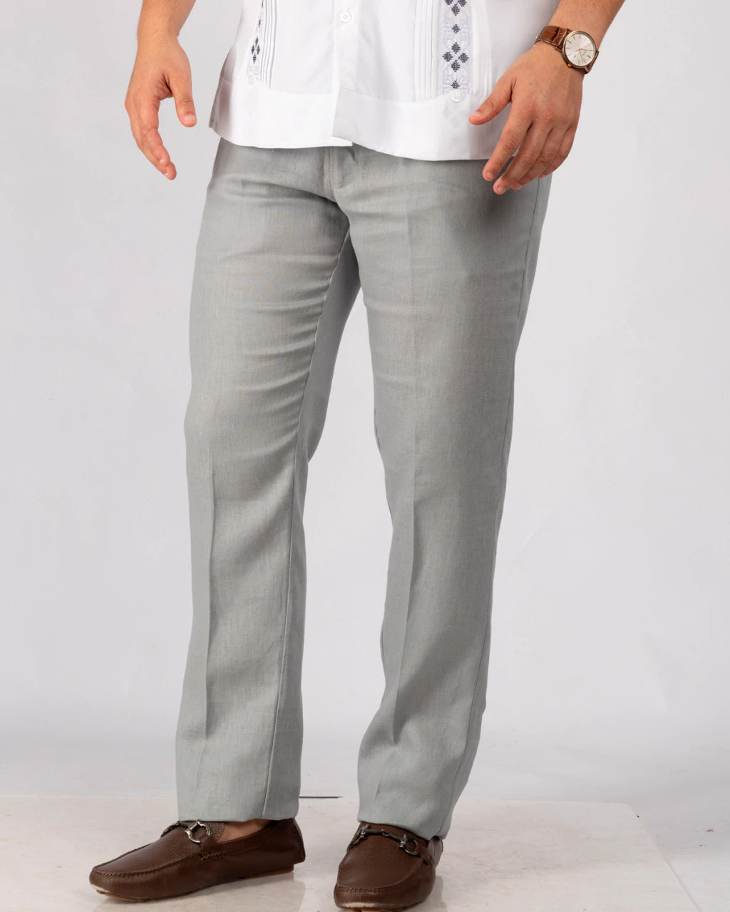 Light Gray 100% Linen Straight-Leg Trousers