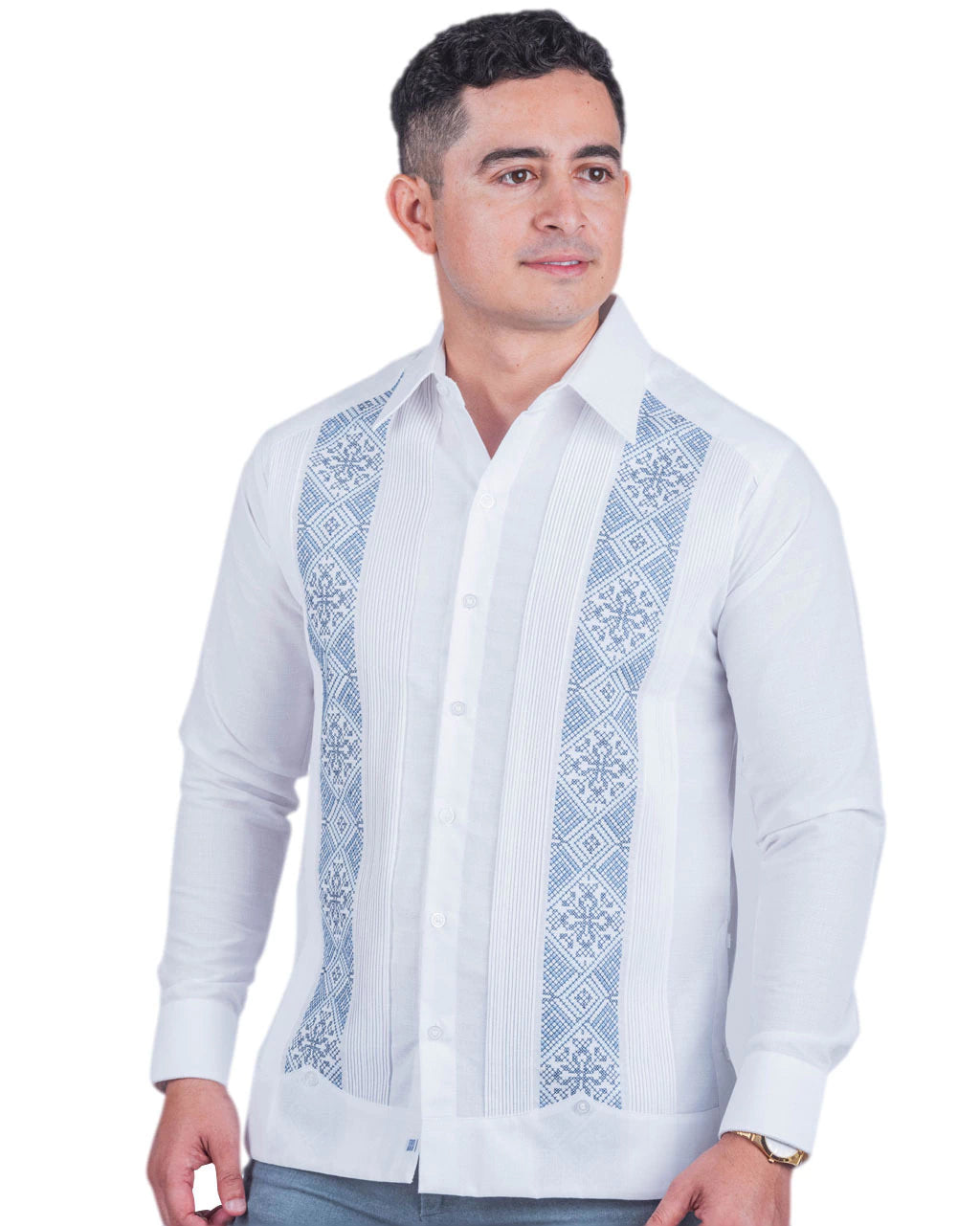 Embroidered guayabera with cross-stitch on linen, Río Lagartos model