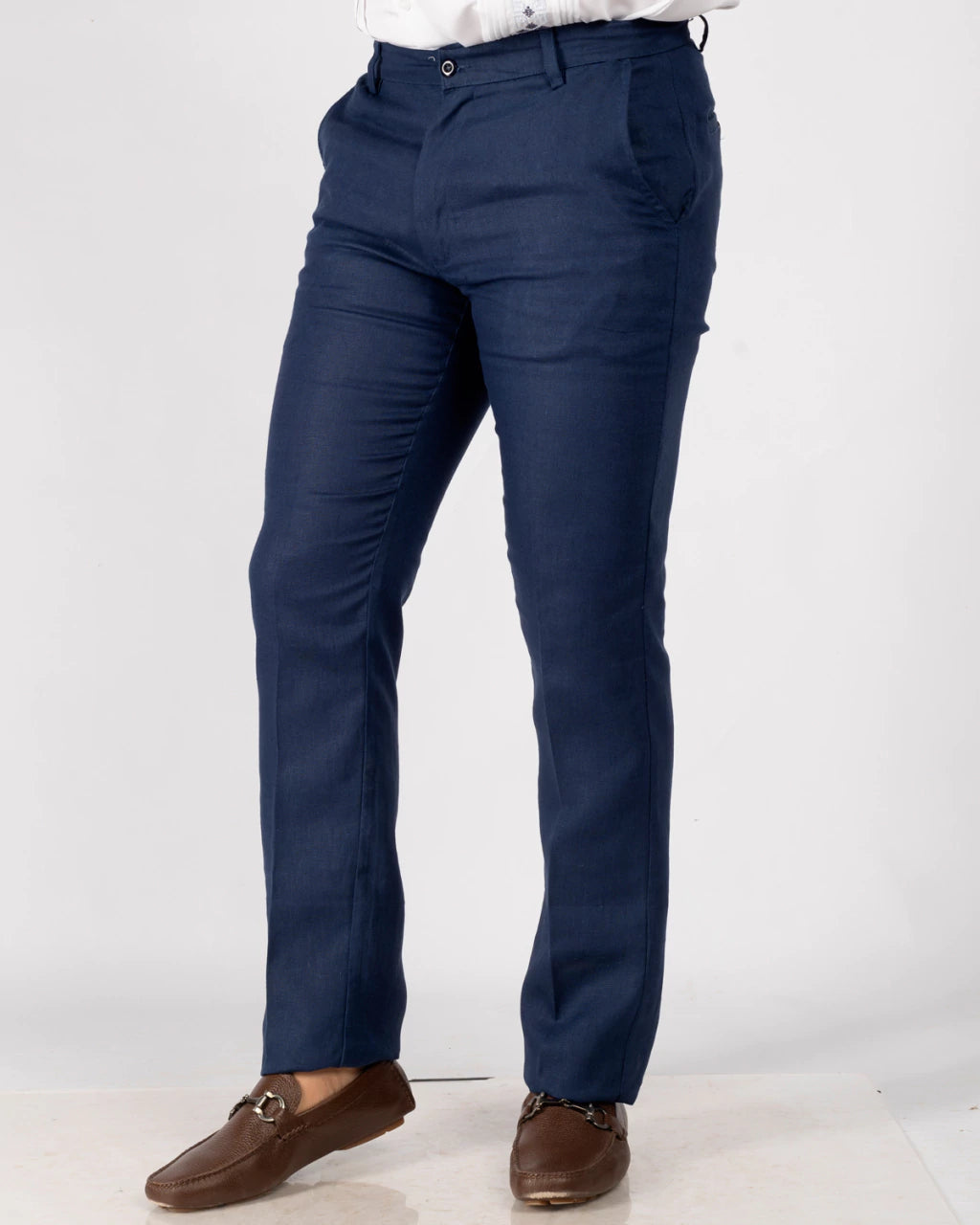 Navy Blue 100% Linen Straight-Leg Trousers
