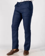 Navy Blue 100% Linen Straight-Leg Trousers