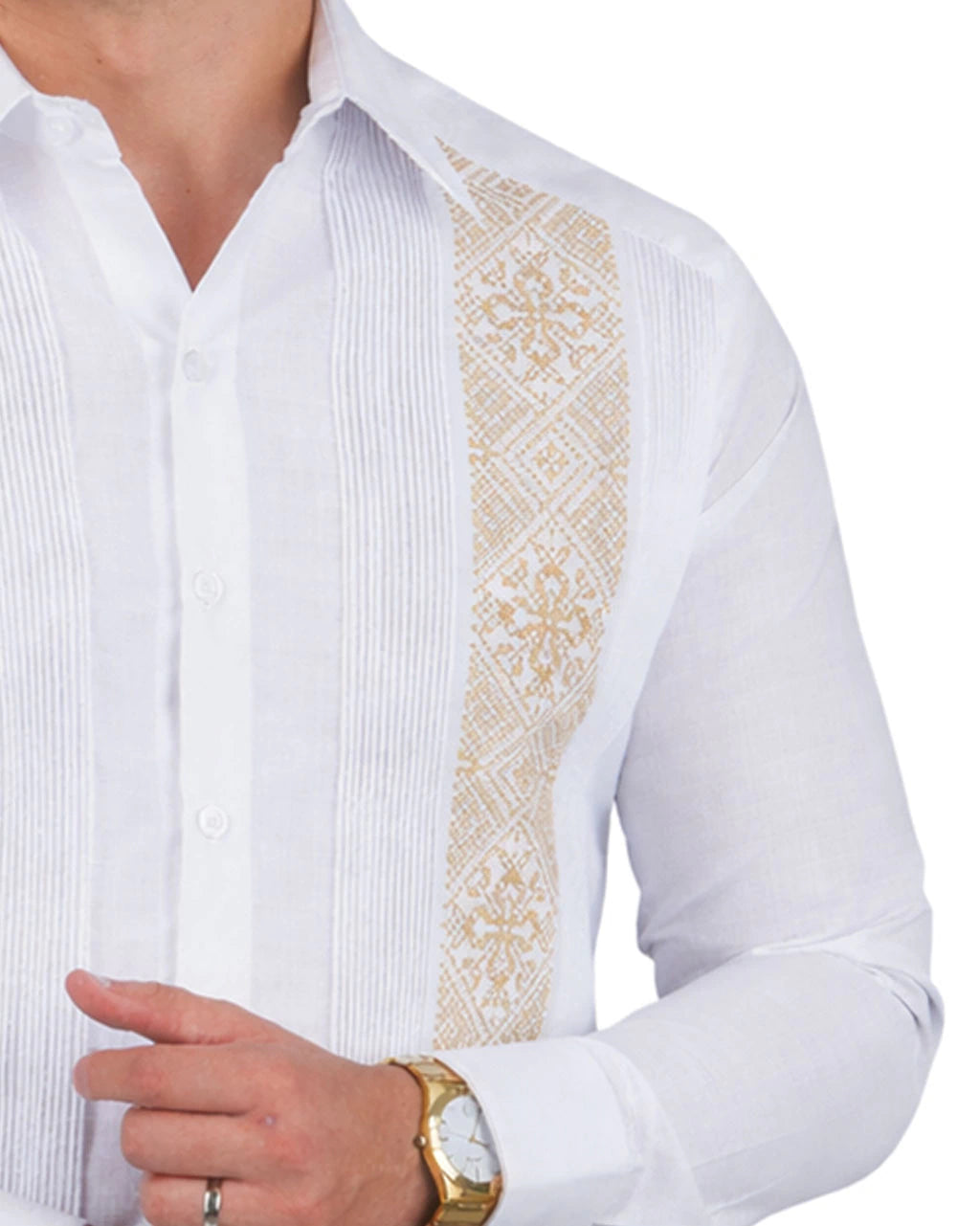 Embroidered Beige Guayabera in cross-stitch on linen, Río Lagartos style