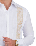 Embroidered Beige Guayabera in cross-stitch on linen, Río Lagartos style