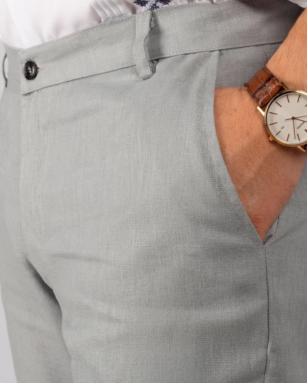 Light Gray 100% Linen Straight-Leg Trousers