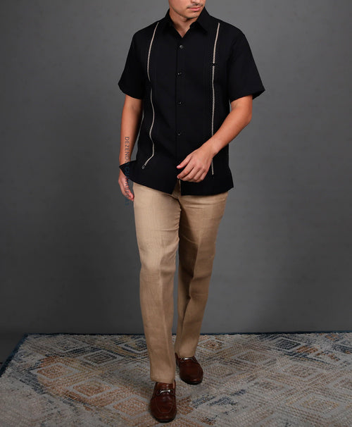 Camisa Guayabera Yucateca De Lino Para Hombre Mod. Celestun Mc Negro