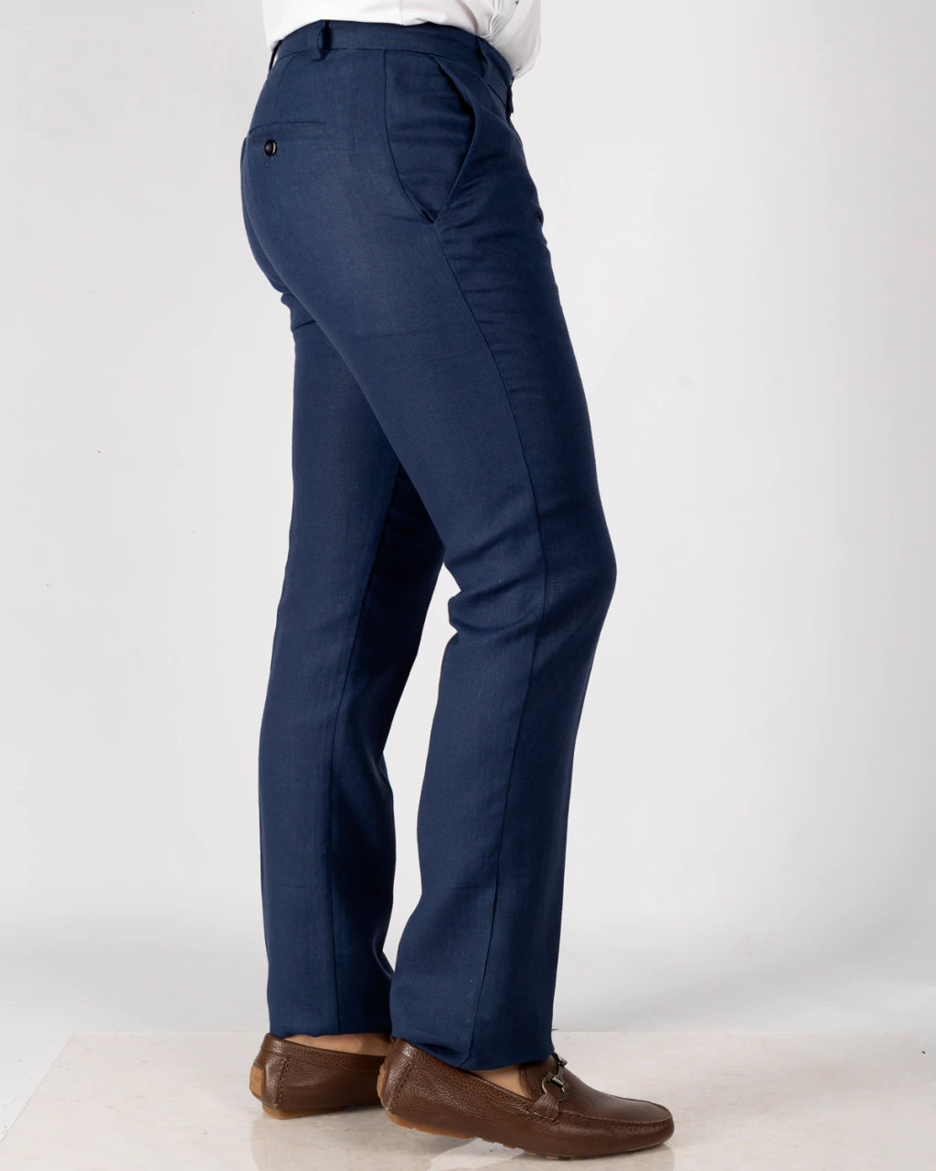 Navy Blue 100% Linen Straight-Leg Trousers