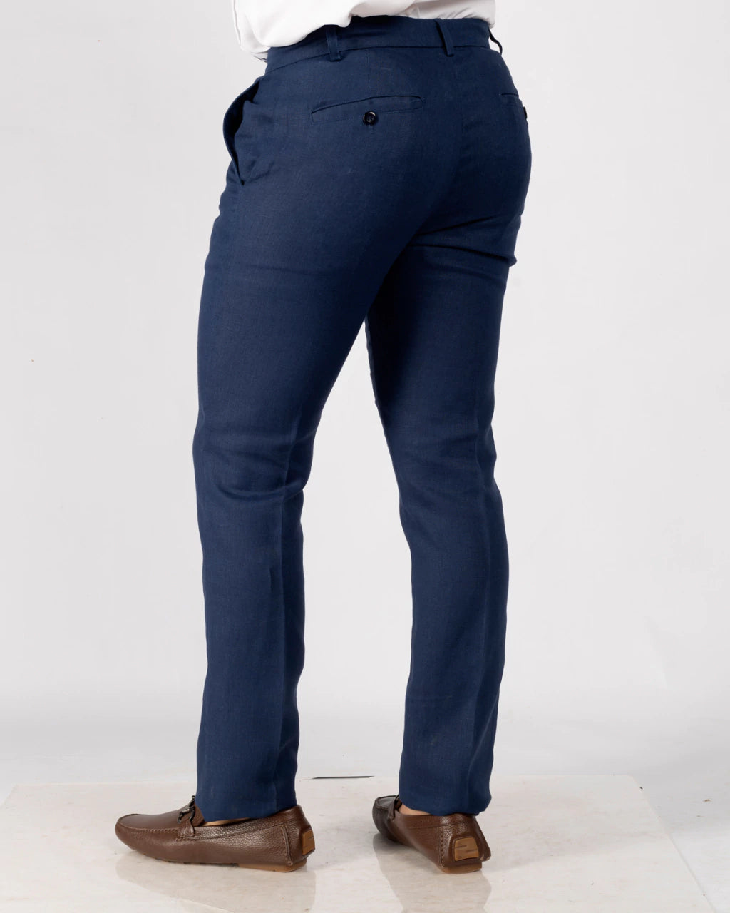 Navy Blue 100% Linen Straight-Leg Trousers