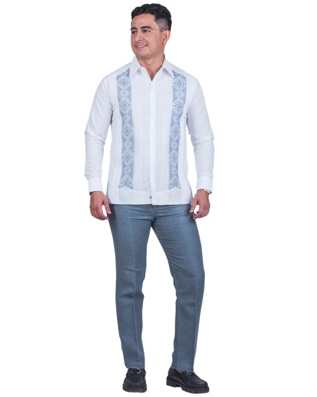 Embroidered guayabera with cross-stitch on linen, Río Lagartos model