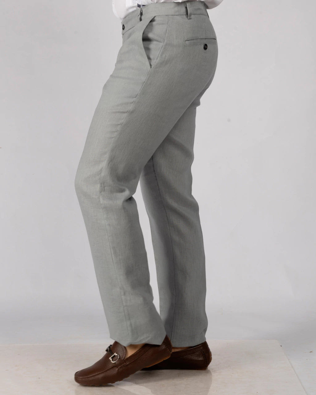Light Gray 100% Linen Straight-Leg Trousers
