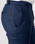 Navy Blue 100% Linen Straight-Leg Trousers