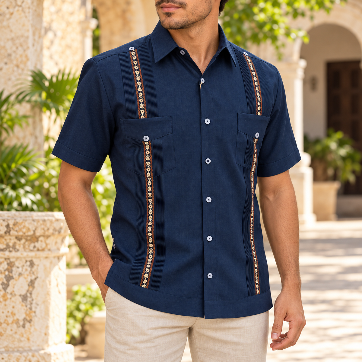 Guayabera bordada Mod Tixkokob Azul marino
