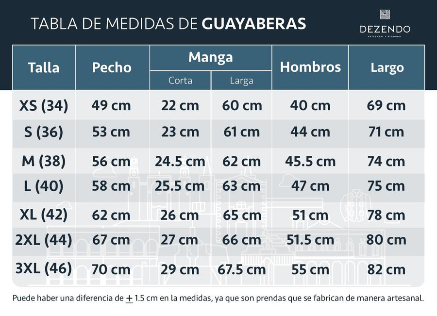 Guia de tallas - Guayabera Mod. Hoctún En Alforzado De Cola De Ratón